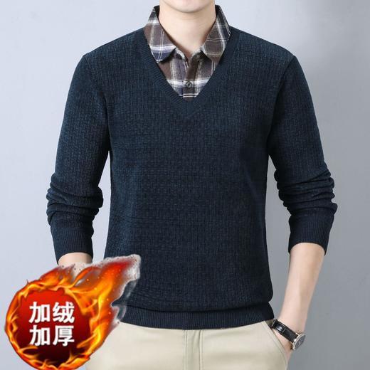 骨头花加绒加厚假两件长袖打底衫男士秋冬季新款毛衣 商品图1
