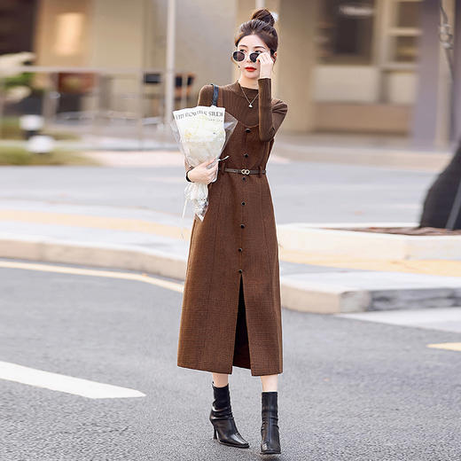 修身显瘦，气质复古格子加厚毛呢两件套连衣裙HR-LNS9662-1 商品图6