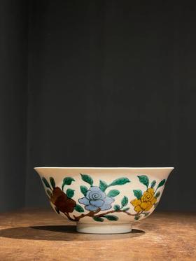 素三彩花蝶紋撇口碗，顺丰包邮