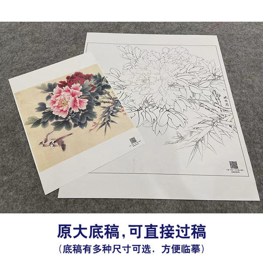 【大彩图】李晓明工笔画白描底稿斗方小品《相约到白头》牡丹临摹勾线花鸟线稿K045 商品图1