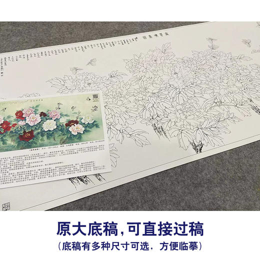 【大彩图】李晓明横幅工笔画白描底稿《富贵凝香图》牡丹临摹勾线花鸟线稿KA21 商品图1