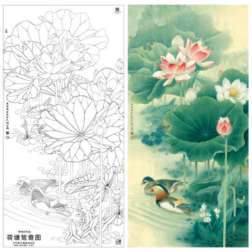 【有步骤、大彩图】李晓明工笔画白描底稿《荷塘鸳鸯图》荷花临摹勾线花鸟线稿KA15 商品图0
