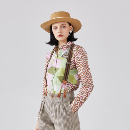 谜底纯棉花衬衫长袖女2024春复古主题原创印花宽松衬衣241MC0049 商品图1