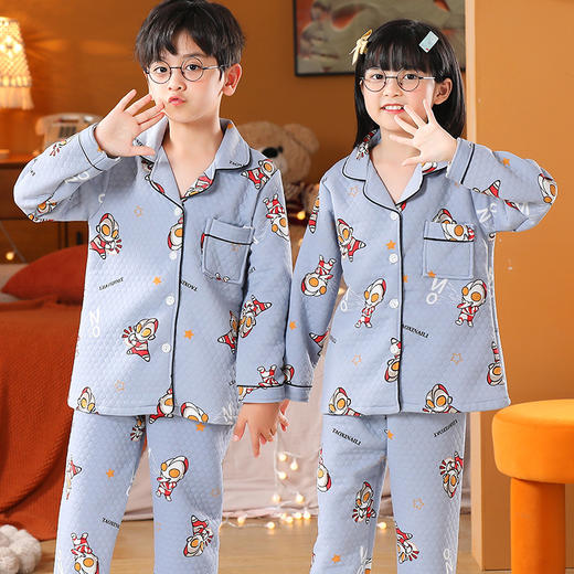 秋冬【空气棉儿童睡衣】开衫翻领 可爱卡通 男女童夹层家居服套装 商品图3