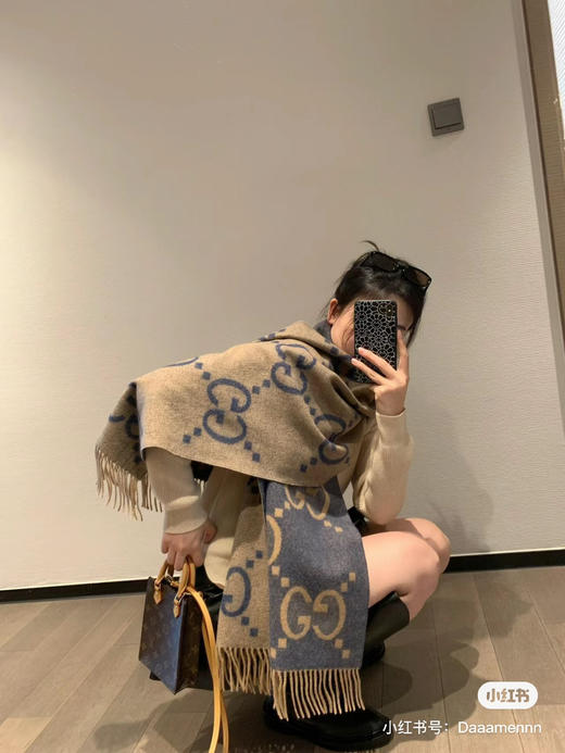 Gucci羊绒围巾蓝棕双面 商品图0