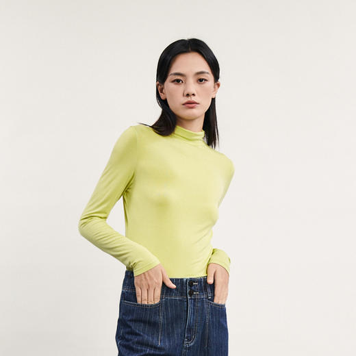 谜底纯色修身T恤长袖女2024春季新款简约半高领叠穿上衣241MT0042 商品图1
