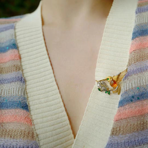 龢盒原创 9k金镶火欧珀翠鸟胸针 商品图4