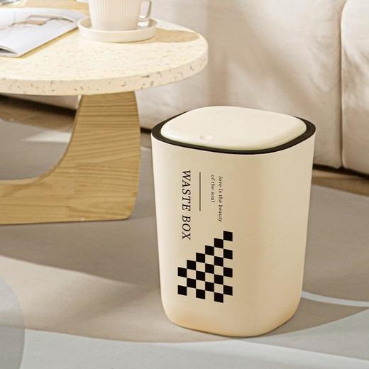 奶油风垃圾桶客厅卧室按压弹盖带圈带盖大容量卫生间棋盘格纸篓 商品图3