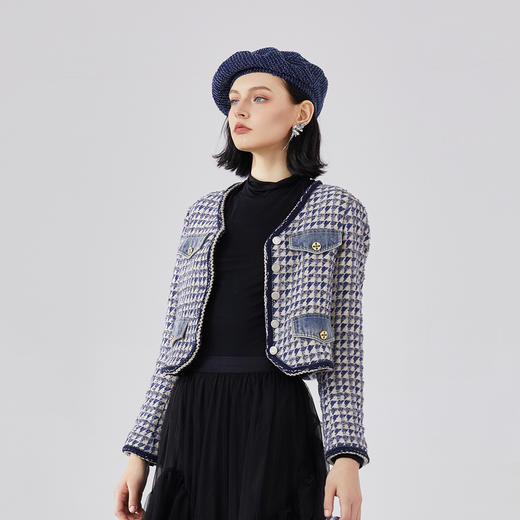 谜底短款呢子外套女2024春季新款小香风V领格纹修身毛呢241MW0111 商品图1