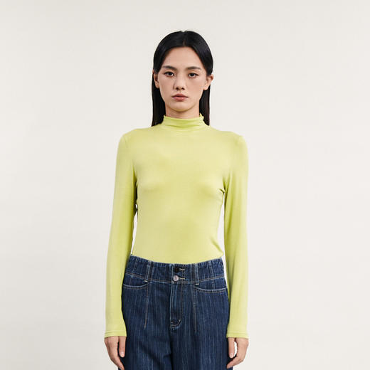 谜底纯色修身T恤长袖女2024春季新款简约半高领叠穿上衣241MT0042 商品图0