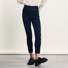 谜底松紧腰紧身铅笔裤女2024春新款复古百搭高腰牛仔裤241MK0010