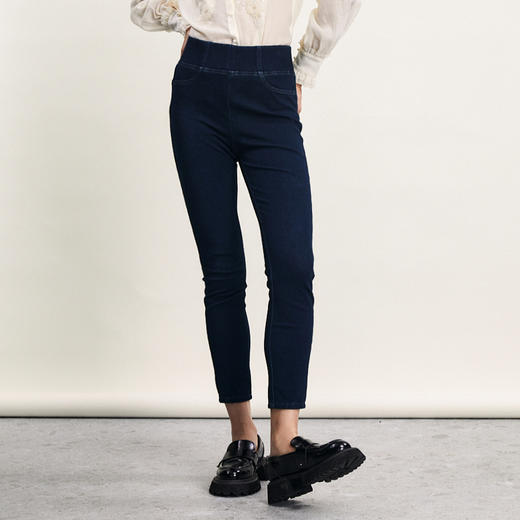 谜底松紧腰紧身铅笔裤女2024春新款复古百搭高腰牛仔裤241MK0010 商品图0