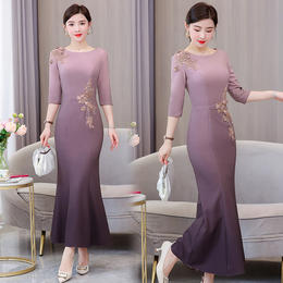 喜婆婆婚宴装紫色礼服裙，秋季时尚优雅修身复古刺绣连衣裙AHM-lfqp9867