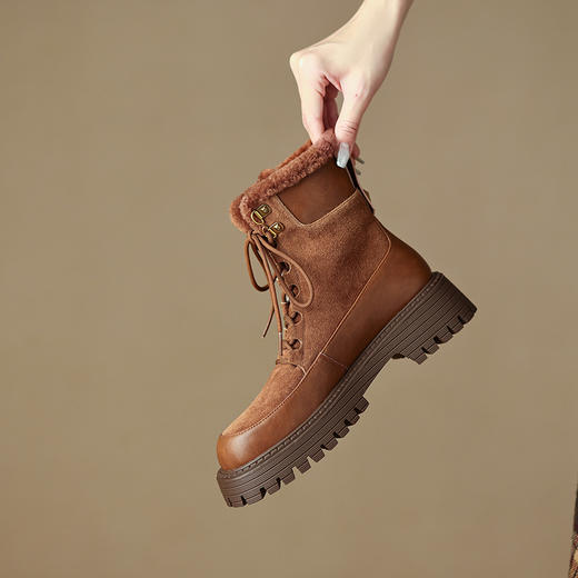 真皮雪地靴，圆头复古系带户外短靴SSS5108 商品图6