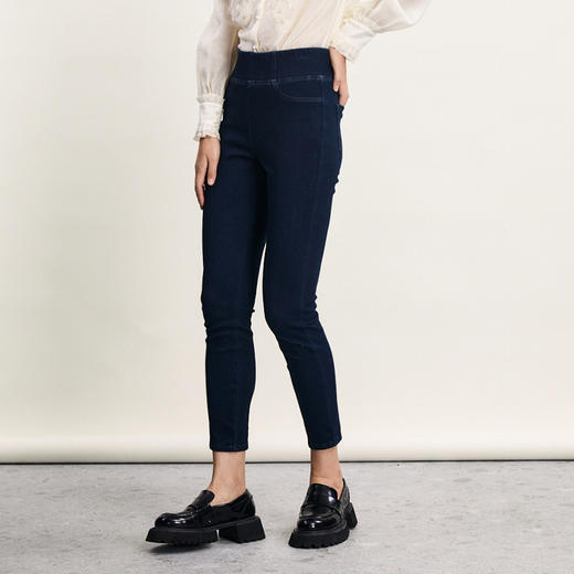 谜底松紧腰紧身铅笔裤女2024春新款复古百搭高腰牛仔裤241MK0010 商品图1