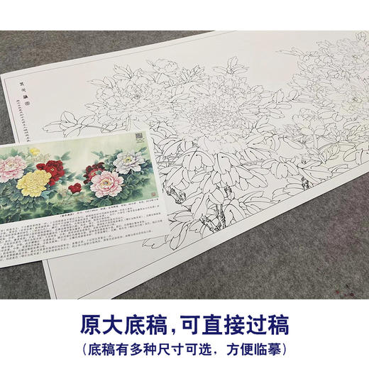 【大彩图】李晓明横幅工笔画白描底稿《春色满园》牡丹临摹勾线花鸟线稿KA20 商品图1