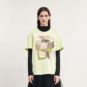 谜底中长款印花T恤短袖女2024春新款学院风圆领宽松上衣241MT0054