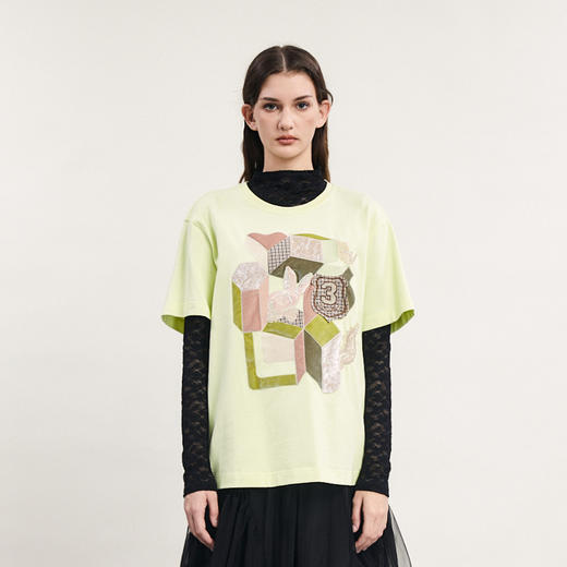 谜底中长款印花T恤短袖女2024春新款学院风圆领宽松上衣241MT0054 商品图0