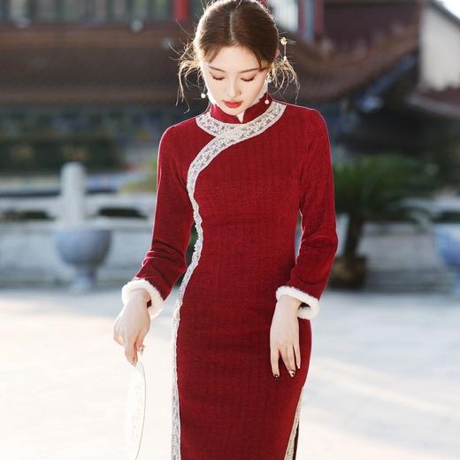 复古民国风，冬新款日常可穿气质老上海酒红雪尼尔旗袍YG-2335 商品图2
