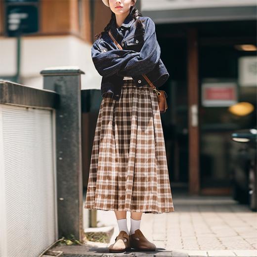马登女装美式格子口袋半身裙宽松休闲显瘦显高复古格纹长伞裙秋季 商品图3