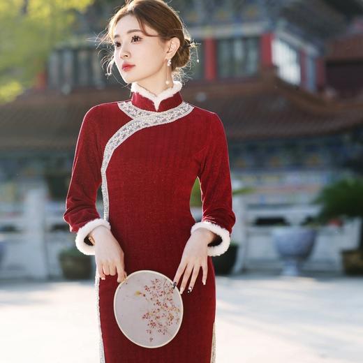 复古民国风，冬新款日常可穿气质老上海酒红雪尼尔旗袍YG-2335 商品图3