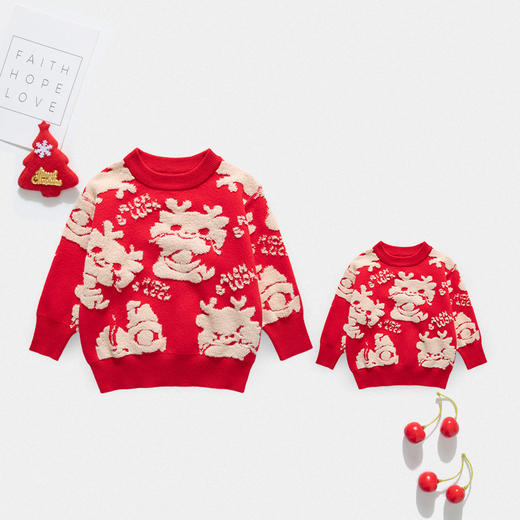 【蛇年主题！亲子装毛衣】秋冬款加厚毛衣 一家三口四口洋气炸街 儿童红色本命年 母女全家针织衫 商品图0