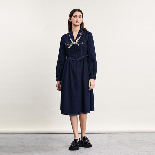 谜底牛仔连衣裙长袖女2024春新款复古文艺风中长裙伞裙241ML0007 商品图1