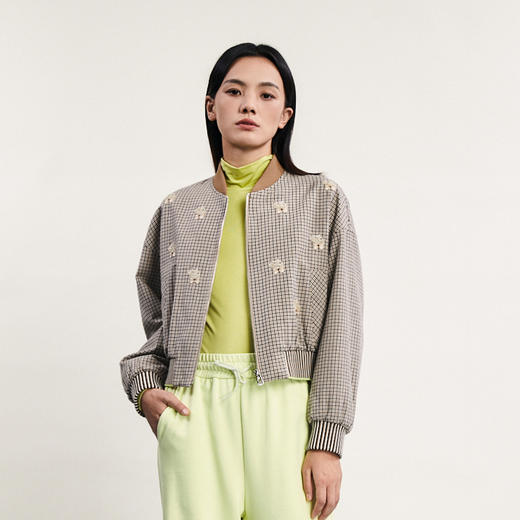 谜底短款棉服女2024春新款复古学院风百搭格纹棒球棉衣241MF0116 商品图0