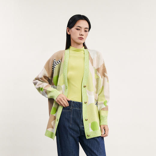 谜底中长款针织开衫女2024春季新款复古风V领单排扣毛衫241MZ0301 商品图1