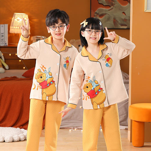 秋冬【空气棉儿童睡衣】开衫翻领 可爱卡通 男女童夹层家居服套装 商品图0