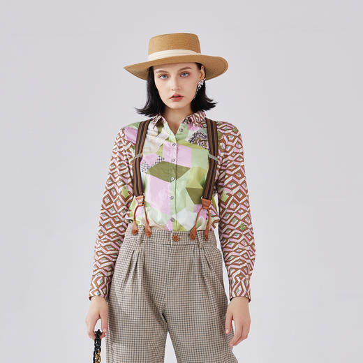 谜底纯棉花衬衫长袖女2024春复古主题原创印花宽松衬衣241MC0049 商品图0