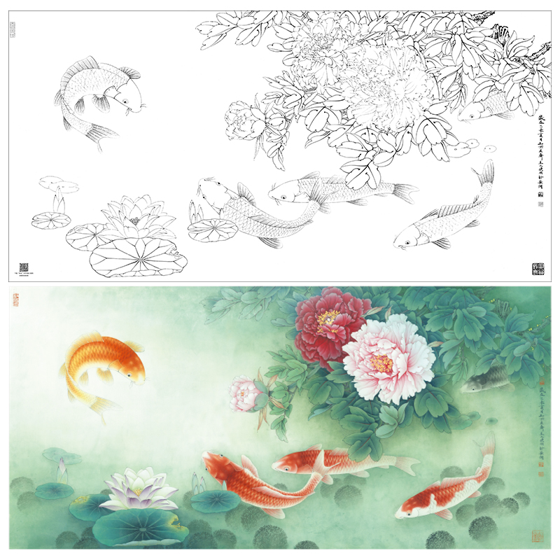 【大彩图】李晓明横幅工笔画白描底稿《富贵有鲤图》牡丹鲤鱼临摹勾线花鸟线稿KA22