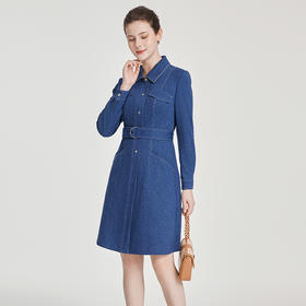 司歌单排扣风衣式连衣裙长袖显瘦弹力A881140