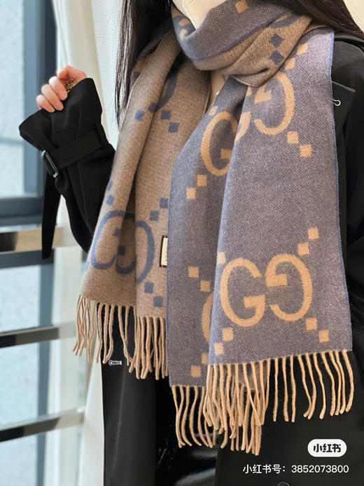 Gucci羊绒围巾蓝棕双面 商品图3