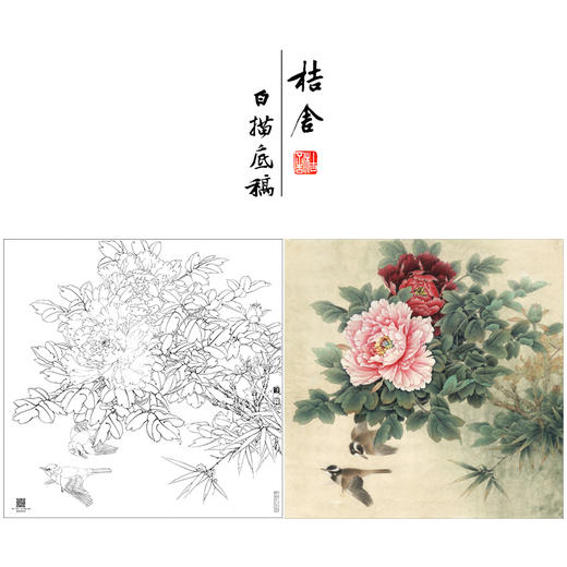 【大彩图】李晓明工笔画白描底稿斗方小品《比翼白头图》牡丹临摹勾线花鸟线稿K043 商品图0