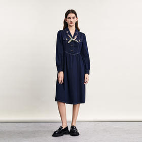 谜底牛仔连衣裙长袖女2024春新款复古文艺风中长裙伞裙241ML0007