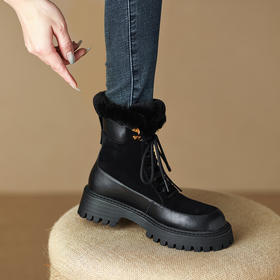 真皮雪地靴，圆头复古系带户外短靴SSS5108