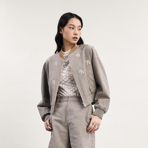 谜底短款棉服女2024春新款复古学院风百搭格纹棒球棉衣241MF0116 商品图1