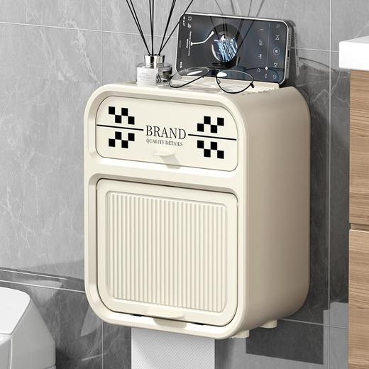 棋盘格卫生间纸巾盒奶油风双层置物架防水免打孔壁挂式卷纸抽纸盒 商品图0