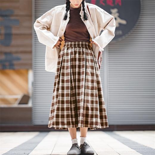 马登女装美式格子口袋半身裙宽松休闲显瘦显高复古格纹长伞裙秋季 商品图2