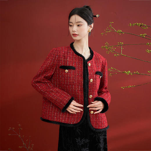 西遇小香风酒红色外套女新款法式气质名媛编织短款上衣10240031 商品图4