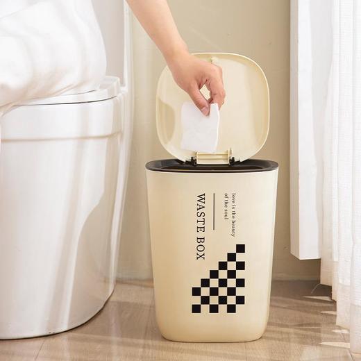 奶油风垃圾桶客厅卧室按压弹盖带圈带盖大容量卫生间棋盘格纸篓 商品图2