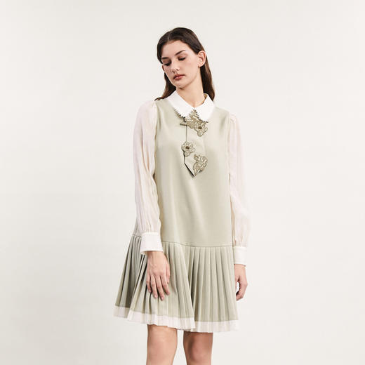 谜底百褶连衣裙长袖女2024春款学院风设计感拼接中长裙241ML0101 商品图1