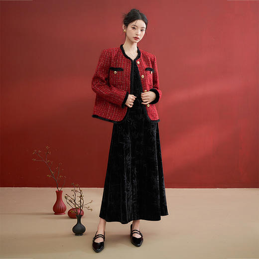 西遇小香风酒红色外套女新款法式气质名媛编织短款上衣10240031 商品图1