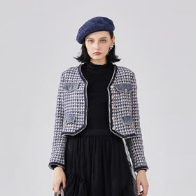 谜底短款呢子外套女2024春季新款小香风V领格纹修身毛呢241MW0111