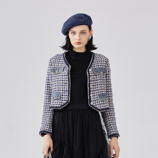 谜底短款呢子外套女2024春季新款小香风V领格纹修身毛呢241MW0111 商品图0