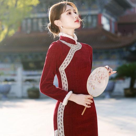 复古民国风，冬新款日常可穿气质老上海酒红雪尼尔旗袍YG-2335 商品图0