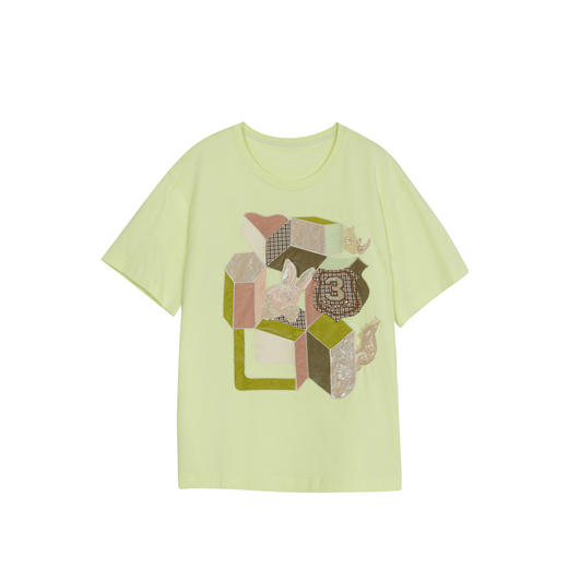 谜底中长款印花T恤短袖女2024春新款学院风圆领宽松上衣241MT0054 商品图4