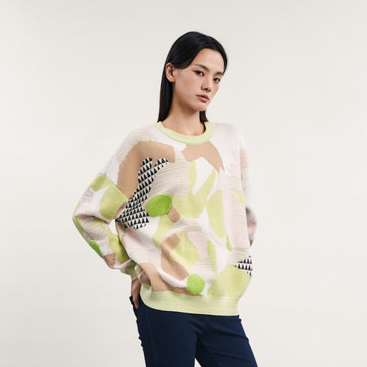 谜底套头针织衫女2024春新款复古文艺花色圆领宽松毛衣241MZ0302 商品图1