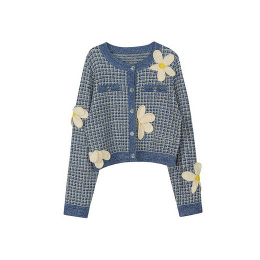 谜底短款针织开衫女2024春新款小香风花朵绣花格纹毛衫241MZ0311 商品图4